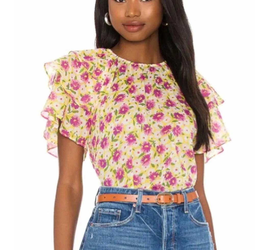 Banjanan Andrea Floral Ruffle Flutter Sleeve Top Flower Carpet Size XS